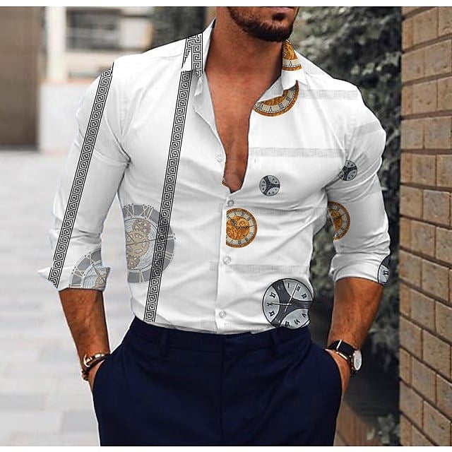 Button Down Shirt Men Gradient Fashion Casual Black Long Sleeve
