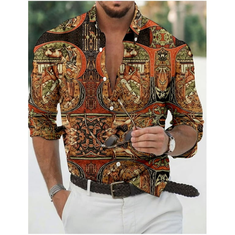 Men s Shirt Graphic Print Shirt Geometry Turndown Yellow Gold Red Gray Daily Holiday Long Sleeve Button Down Clothing Apparel Fashion Streetwear