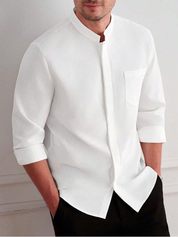 Men's Shirt, Hidden Front Button Long Sleeve Slim Fit Blouse with Chest Pocket, Fitted Mandarin Collar Shirt for Commute and Daily Wear