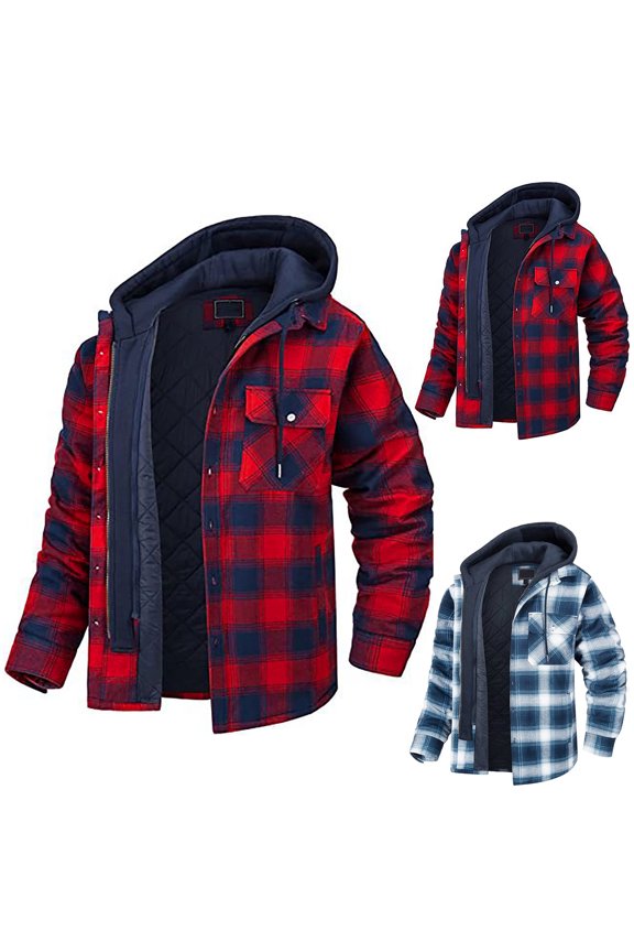 Men's Shirt Jacke Long Sleeve Lined Flannelt with Hood Mens Cotton Plaid Shirts Jacket Men Button Down Shirts Casual Shacket Jacket with Pocket