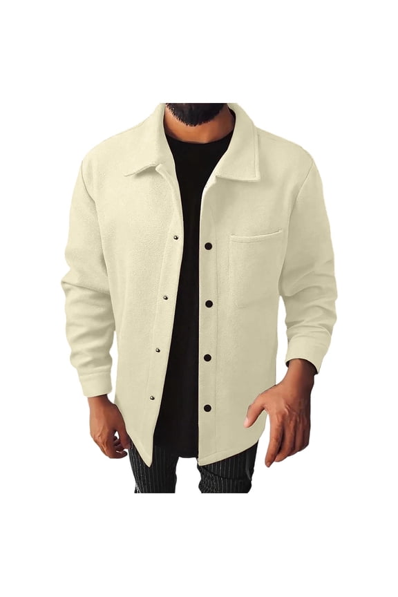 Men's Shirt Jacket Fall Winte Fleece Long Sleeve Casual Loose Button Down Shackets Tops With Pockets (S, Beige)