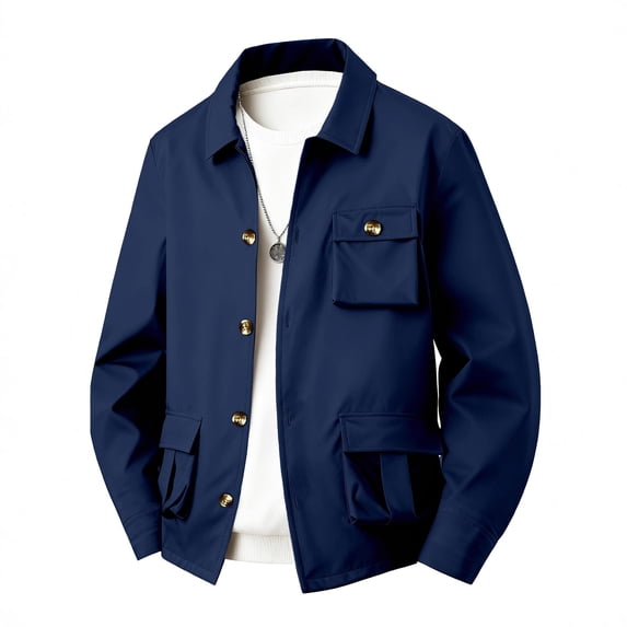 Men's Shirt Jacket Long Sleeve Button Down Lapel Solid Cardigan Shacket with Pockets Navy XL
