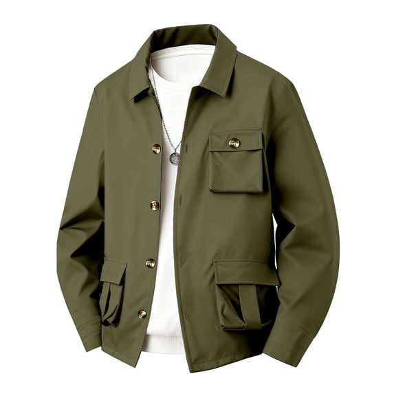 Men's Shirt Jacket Long Sleeve Button Down Lapel Solid Cardigan Shacket with Pockets Olive Green 2XL