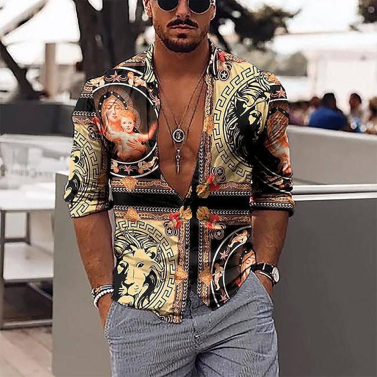 Men s Shirt Lighting Print Long Sleeve Turndown Black Purple Red