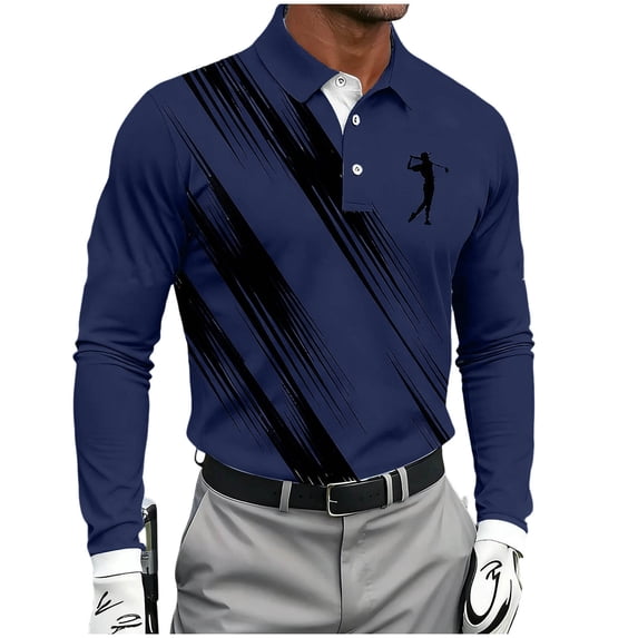 Men's Shirt Long Sleeve Quarter Button Lapel Collar Print Pullover Loungewear Dark Blue S