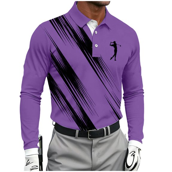 Men's Shirt Long Sleeve Quarter Button Lapel Collar Print Pullover Loungewear Purple XL