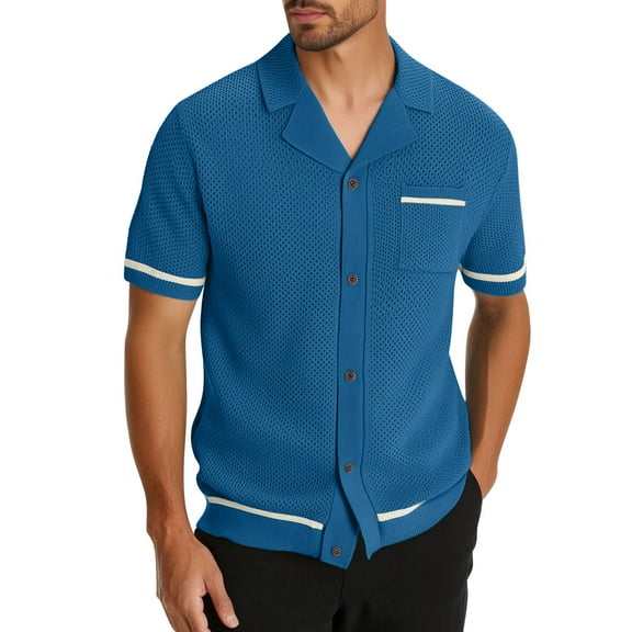 Men's Shirt Short Sleeve, Knit Button Down Shirts for Men Casual Short Sleeve Vintage Crochet Shirt Summer Beach Vacation Blouses Tops