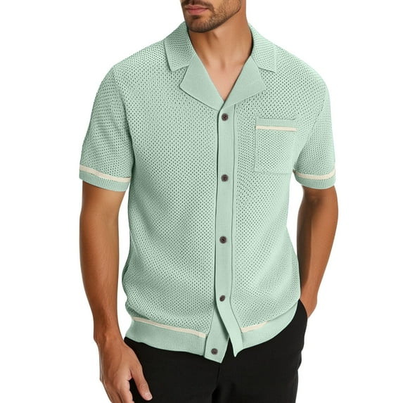 Men's Shirt Short Sleeve, Knit Button Down Shirts for Men Casual Short Sleeve Vintage Crochet Shirt Summer Beach Vacation Blouses Tops