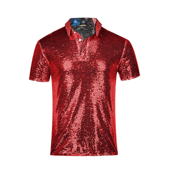 Men's Shirt Short Sleeve, Mens 70s Disco Shiny Sequins Shirts Short Sleeve Turndown Sparkle Nightclub Party T-Shirt Regular Fit Retro Tops