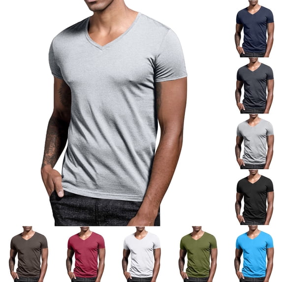 Men's Shirt Top for Men Summer Men's Casual Fashion Solid Color Short Sleeved V-neck Top/Shirt Gray M