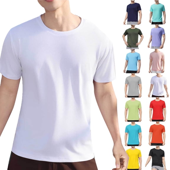 Men's Shirt Tops for Men Man Solid-Color Casual Elastic Sports Short Sleeved Round-Neck Blouses White M