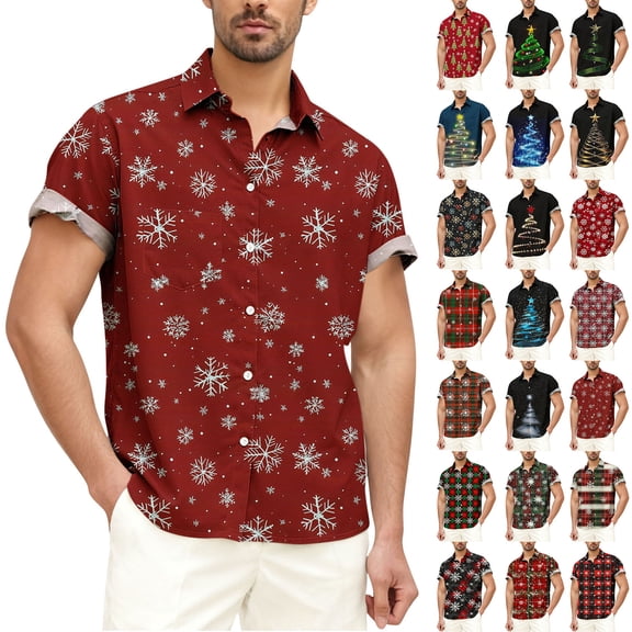 Men's Shirt Turndown Collar Printing Button Down Shirts Short Sleeve Tops Christmas Blouses for Unisex