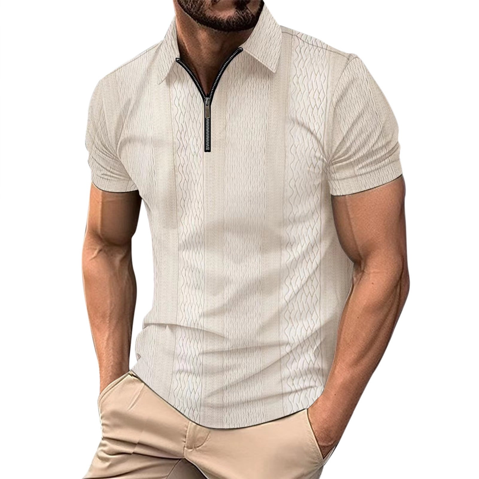 Men's Shirt Zipper Turn Down Lapel Solid Color Short Sleeve Sports ...