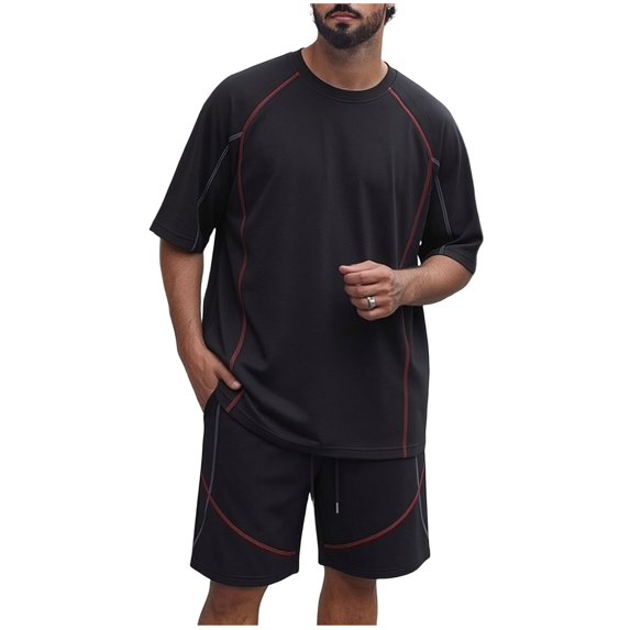 Men's Shirt and Shorts Set 2 Piece Fashion Summer Tracksuits Cotton Oversized T-Shirts Drawstring Shorts Outfits Big and Tall Size M-5XL Black