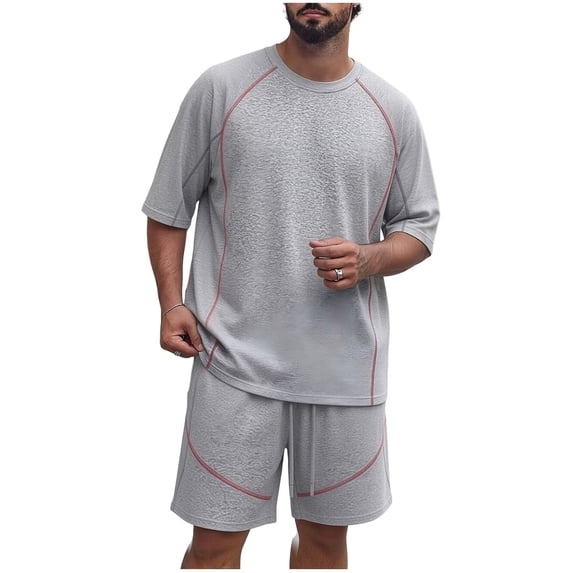 Men's Shirt and Shorts Set 2 Piece Fashion Summer Tracksuits Cotton Oversized T-Shirts Drawstring Shorts Outfits Big and Tall Size M-5XL Gray