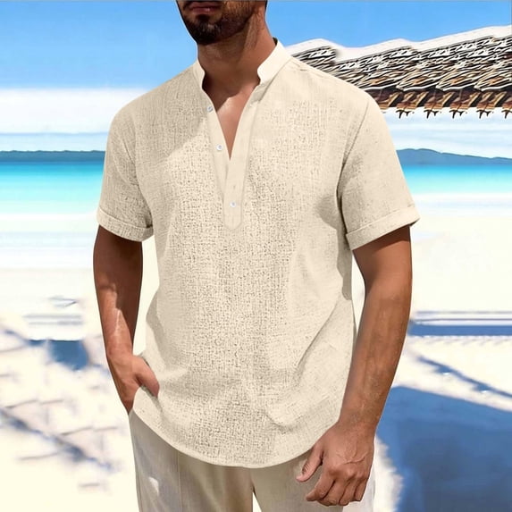Men's Shirts 2026 Button Down Short Sleeve T-Shirt Linen Henley Tops Summer Basic Solid Shirt Beach Vacation Shirts 2026 Spring Summer Limited-time offer