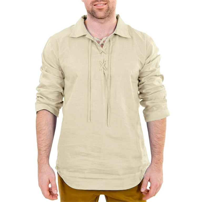 Men's Shirts Baggy Cotton Linen Solid Long Sleeve Drawsting Retro T Shirts  Tops Blouses 