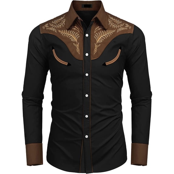 Men's Shirts Button Down Casual Fashion Western Style Print Loose Long Sleeved T Shirts for Men Black L