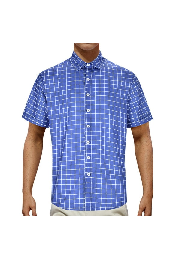 Men's Shirts Button Down Fashion Summer Casual Retro Plaid Printed Short Sleeved Tops for Men Blue L