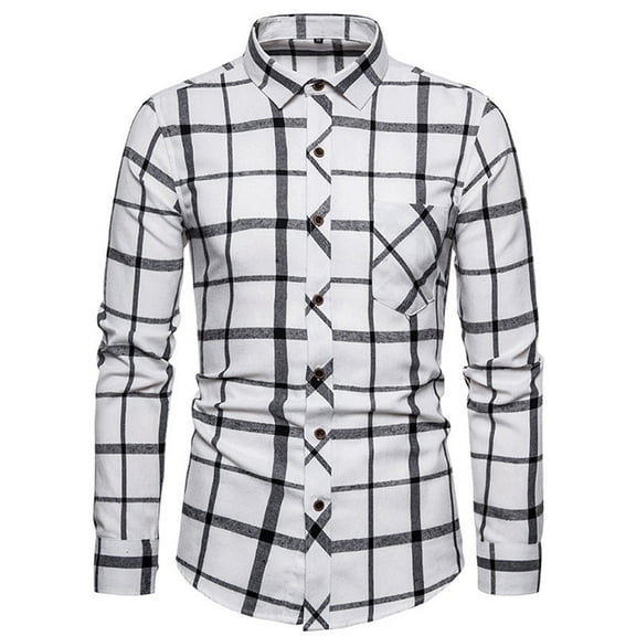 Men's Shirts Button Down Long Sleeve Flannel Plaid Shirt Jacket Fall Winter Casual Lapel Comfortable Thick Warm Regular Fit Mens Dress Shirts White 42