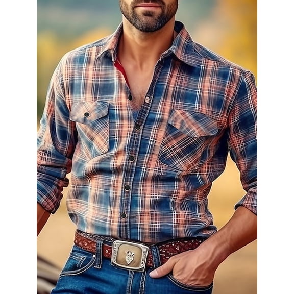 Men's Shirts Casual Button Down Plaid Shirt Jacket Long Sleeve Western Cowboy Shirt Blue L