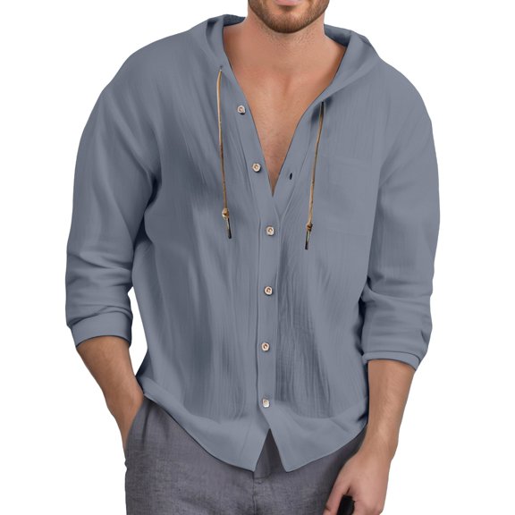 Men's Shirts,Casual Hooded Shirt Solid Color Pocket Detail Button Front Comfortable Top Breathable Streetwear Style,Long Sleeve T Shirt Men,M,Grey