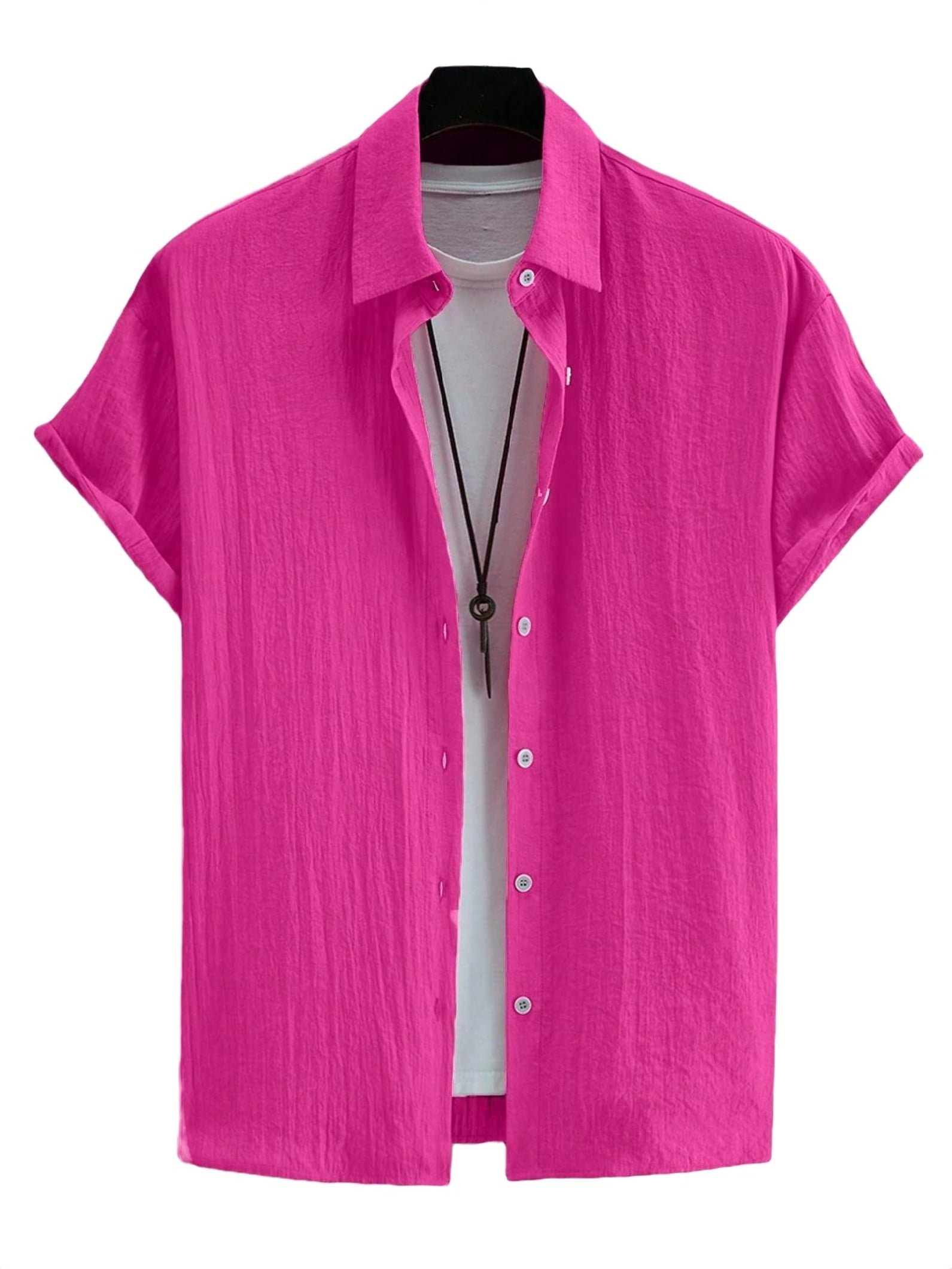 Men's Shirts Casual Plain Collar Short Sleeve Pink L (40)