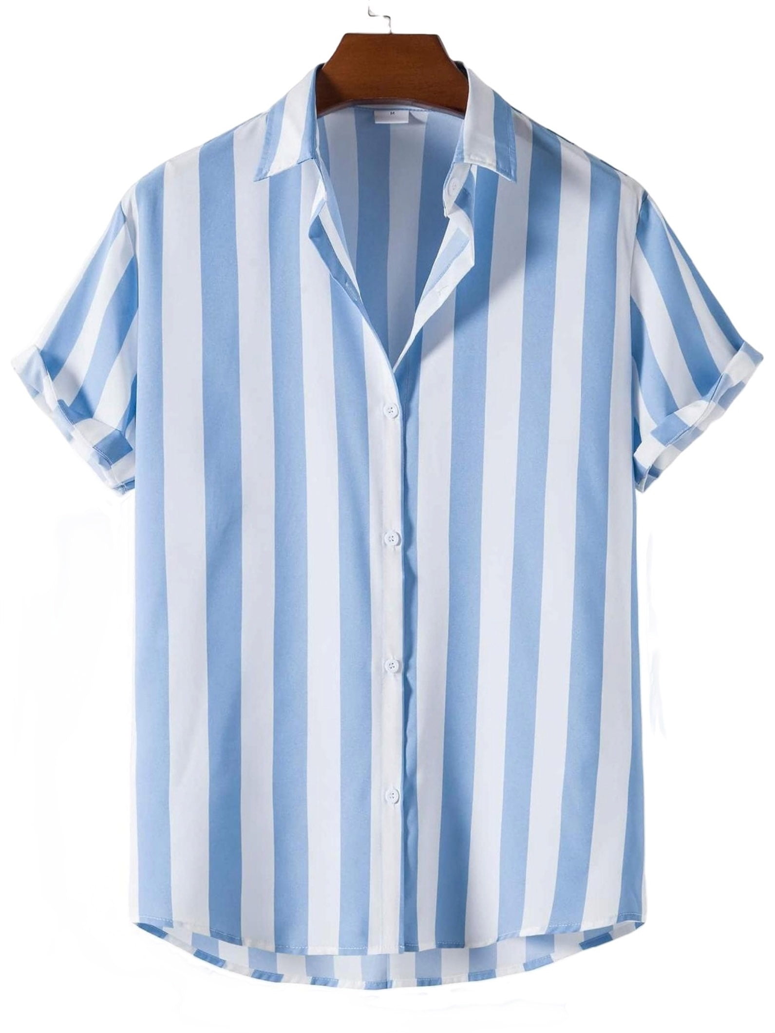 Men's Shirts Casual Striped Collar Short Sleeve Blue and White S (36