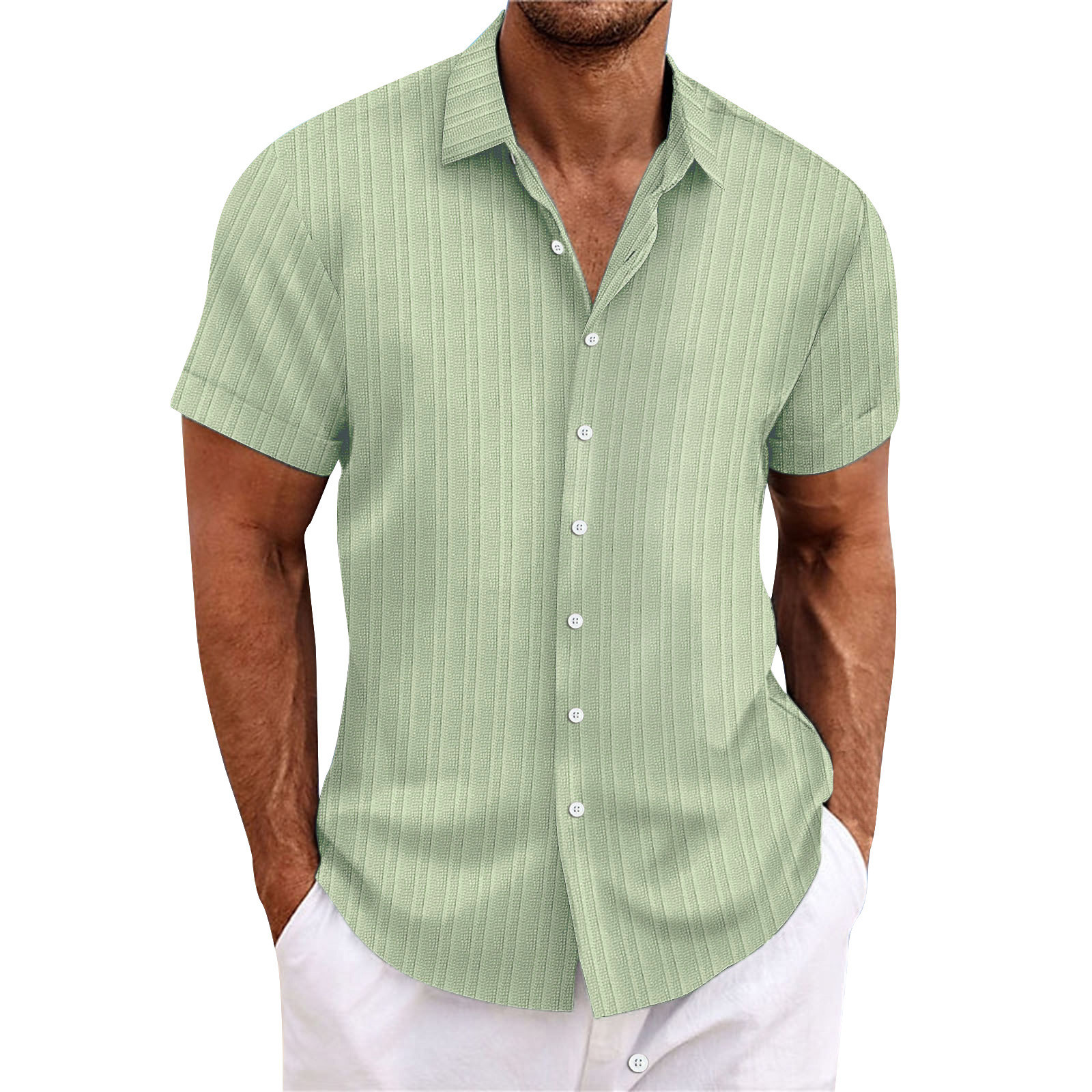 Men's Shirts Cotton Linen Solid Short Sleeve Button Retro Blouse Shirts