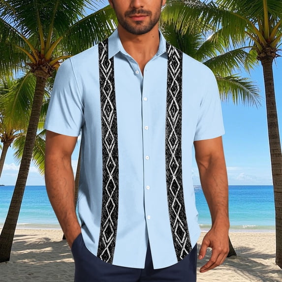 Men's Shirts Cuban Guayabera Casual Short Sleeve Button Down Textured Shirt Lightweight Summer Beach Hawaiian Shirts Light Blue S