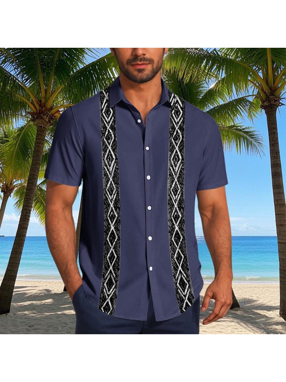 Men's Shirts Cuban Guayabera Casual Short Sleeve Button Down Textured Shirt Lightweight Summer Beach Hawaiian Shirts Navy XL