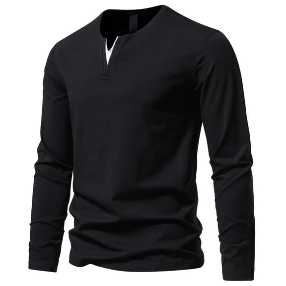 Men's Shirts Double V Neck Cotton Tops Long Sleeve Casual T Shirts Soild Basic Fall Top Soft Cotton Stretch Slim Fit Basic Shirt for Men