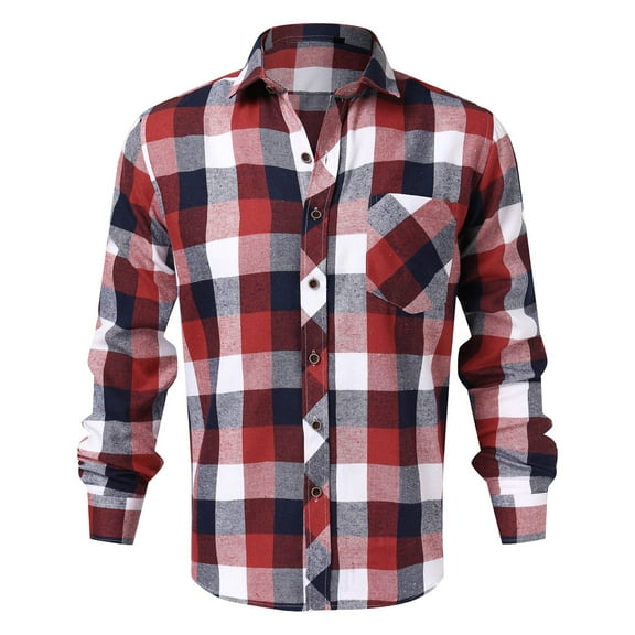 Men's Shirts Fall Leisure Business Plaid Brushed Shirt Jacket with Pocket Button Down Long Sleeve Men Shirts Watermelon Red XL