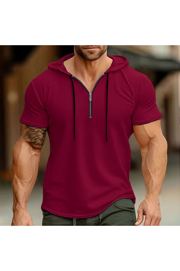 Hoodies Mens Quarter Zipper Short Sleeve Hooded T-Shirts Drawstring Lightweight V Neck Pullover Summer Athletic Shirt