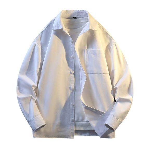 Men's Shirts Jackets Lapel Button Down Long Sleeve Solid Color Tops Casual Lightweight Outwear With Side Pockets (XL, White-A)