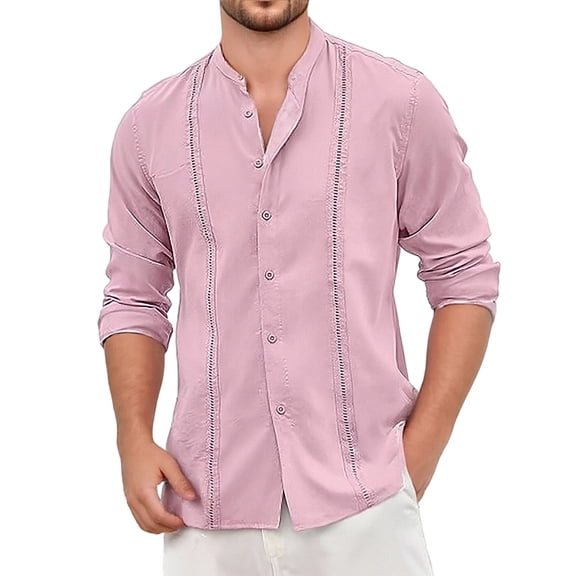 Men's Shirts,Linen Blend Shirt Long Sleeve Shirt Breathable Stand Collar everyday wear Button Down Shirt for Daily Wear,Sweatshirts for Men,L,Pink