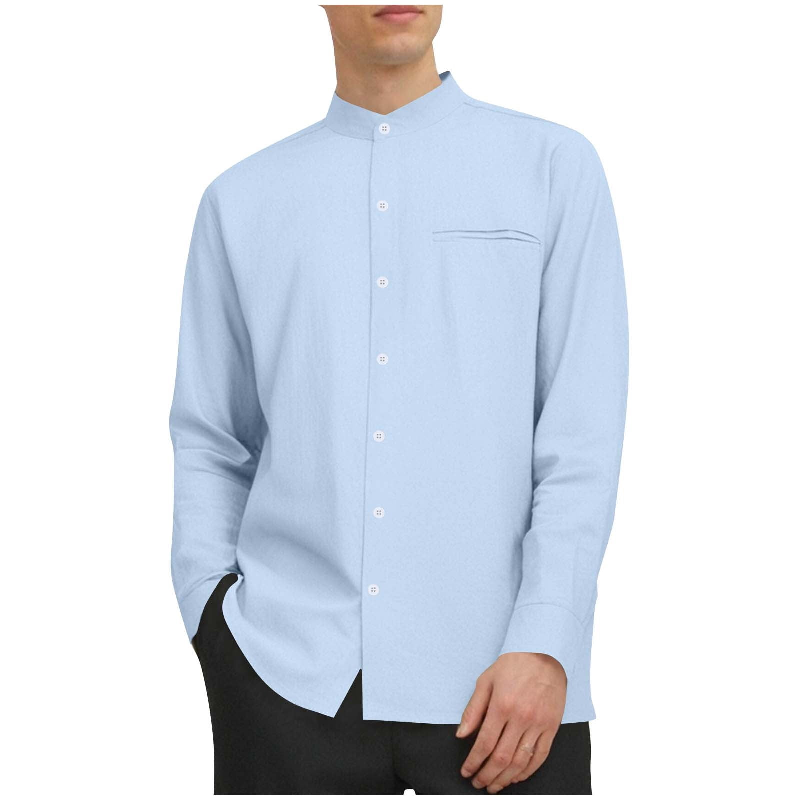 Men's Shirts Linen Long Sleeve Casual Shirt Collarless Standing Collar  Summer Top Casual Button-Down Shirts with Pocket - Walmart.com