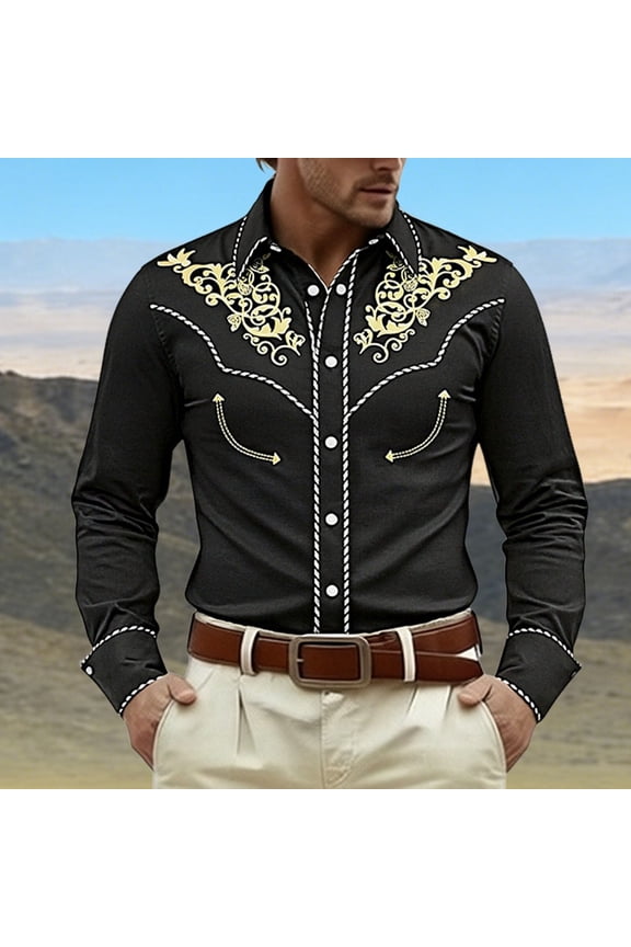 Men's Shirts Long Sleeve Button Down Slim Fit Shirt Vintage Cowboy Print Western Top Black S