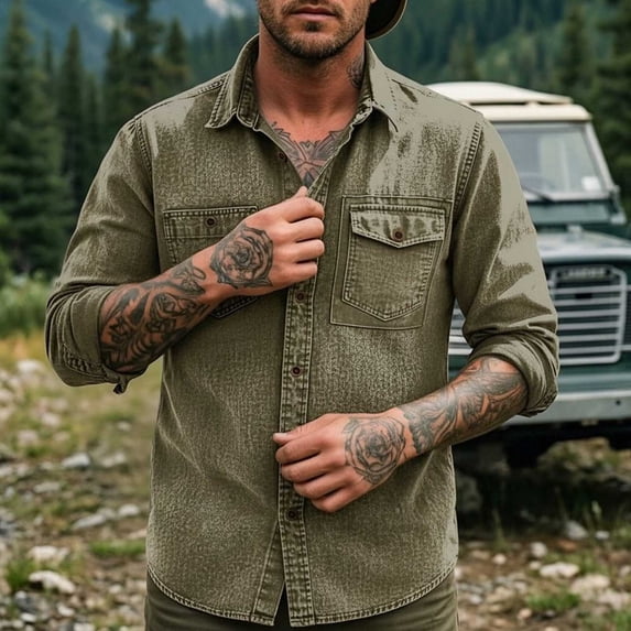 Men's Shirts Long Sleeve Button Down with Pocket Big and Tall Solid Turndown Collar Casual Button Front Zipper Blouse