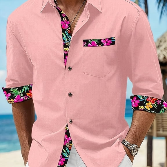 Men's Shirts Long Sleeve Casual Shirt Button Down Dress Shirt Slim Fit Cotton Cowboy Shirts with Flower Collar Pink L