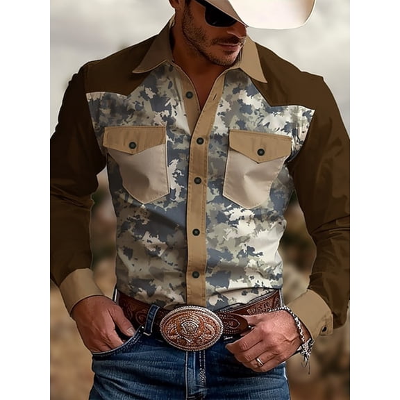 Men's Shirts Long Sleeve Casual Vintage Camouflage Embroidery Button Down Western Shirts Regular Fit M-3XL Brown XL