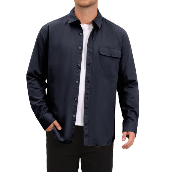 INSPIRE CHIC Men's Long Sleeve Button Down Solid Color Pocket Casual Shirt L Navy Blue