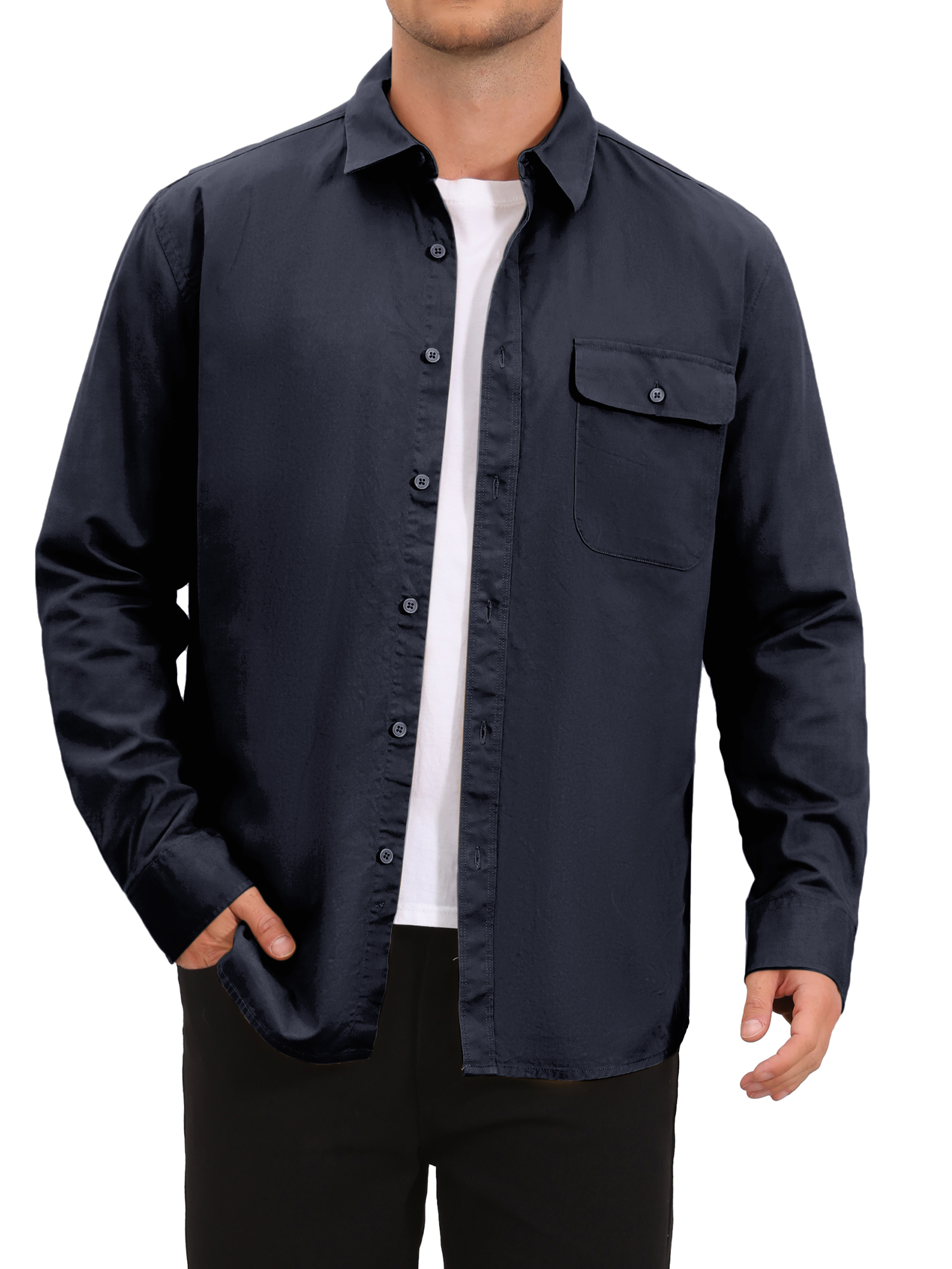 INSPIRE CHIC Men's Long Sleeve Button Down Solid Color Pocket Casual Shirt S Navy Blue