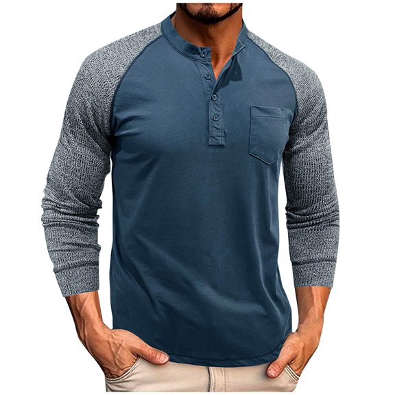 Men's Shirts Long Sleeve Crewneck Casual Solid-Color Patchwork Button Pockets Up to 65% off! S-2XL
