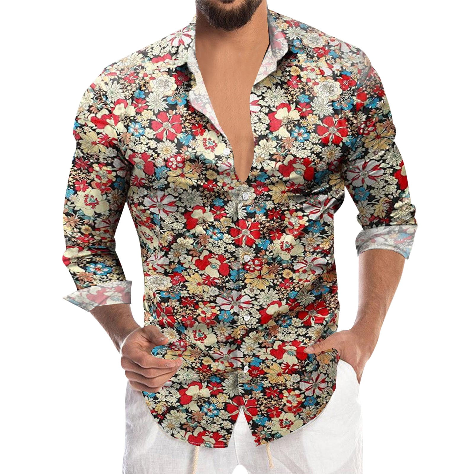 Mens Shirts Long Sleeve Floral Print Business Casual Tops Button For Men 9166