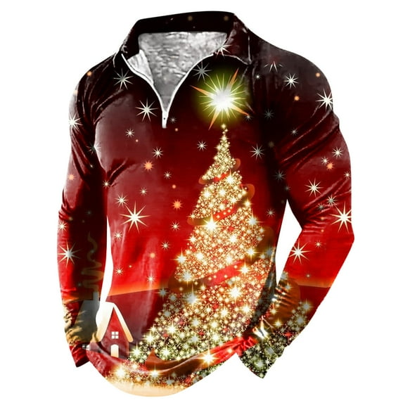 Men's Shirts Male Autumn Winter Christmas Zipper Long Sleeve Lapel Full Print Holiday Celebration T Shirt for Casual and Festive Occasions