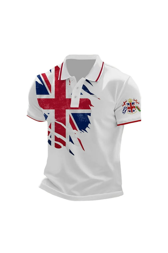 Men's Shirts Male UK Flag Jack Print Casual Business Raglan Sleeve Button Lapel Print Festive Celebration Top