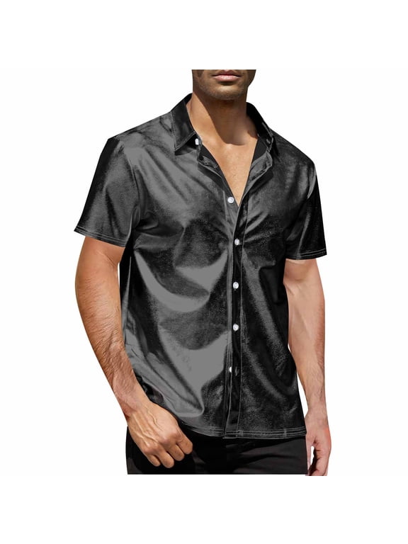 Men's 70s Disco Shiny Metallic Gold Silver Short Sleeve Button Down Shirt