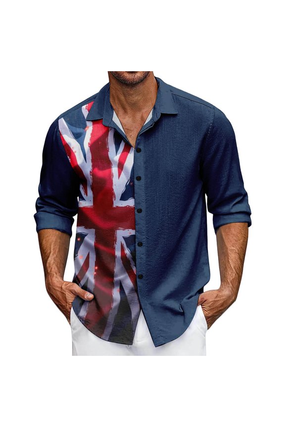 Men's Shirts Men's Long Sleeve Shirt Uk Print Turn Down Collar Casual Button Down Top Lightweight Breathable Summer Navy L