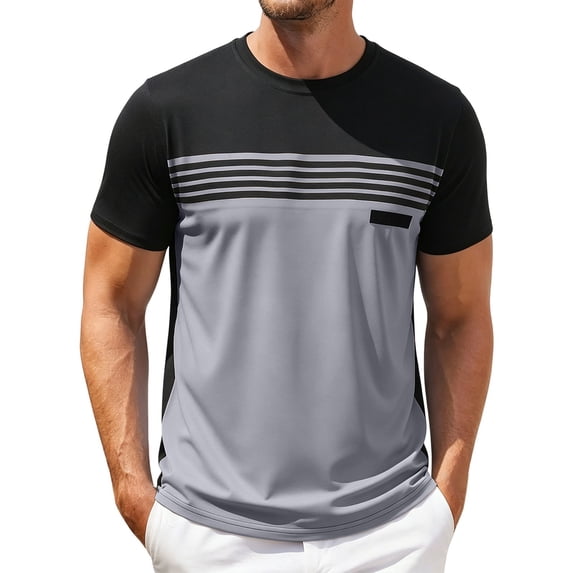 Men's Shirts, Men's Striped Color Block Tees Casual Crew Neck Short Sleeve T-Shirts Summer Fast Dry Ventilate Loose Workout Tops Gray XXL